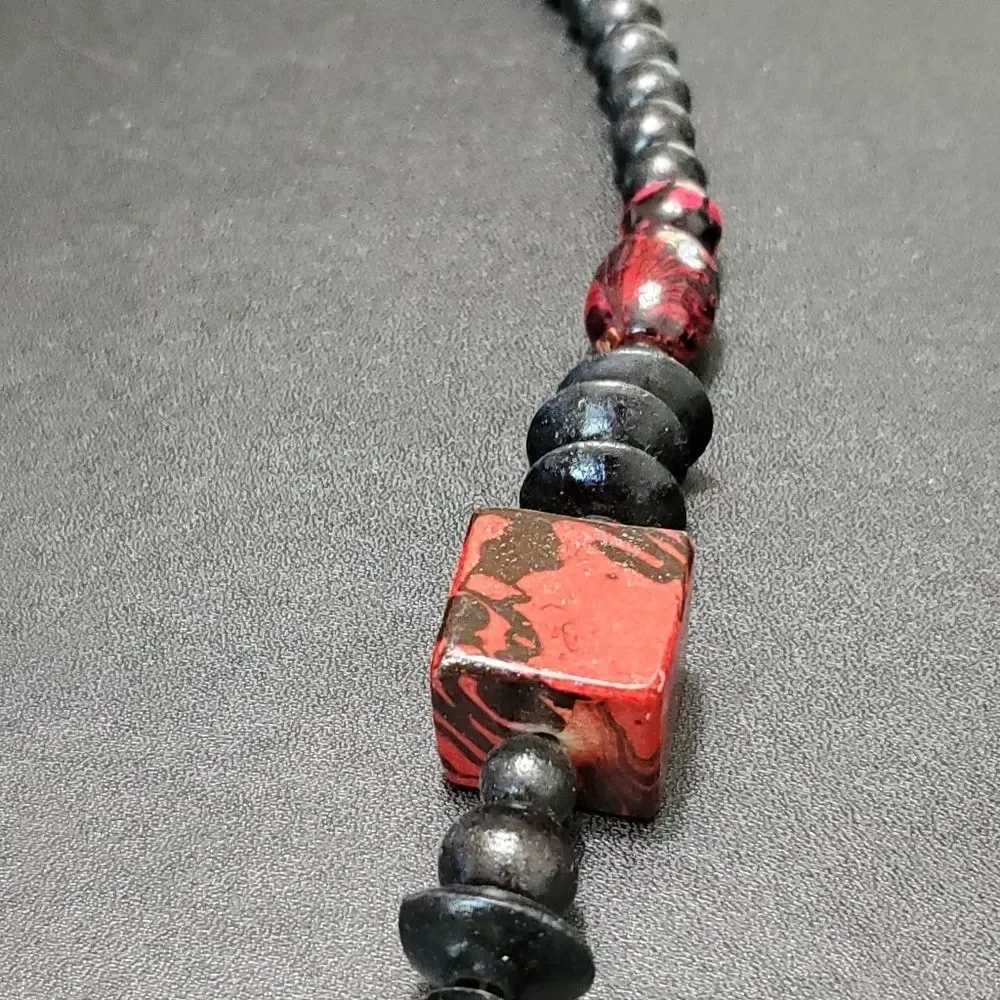 Red and black painted wood bead necklace 28